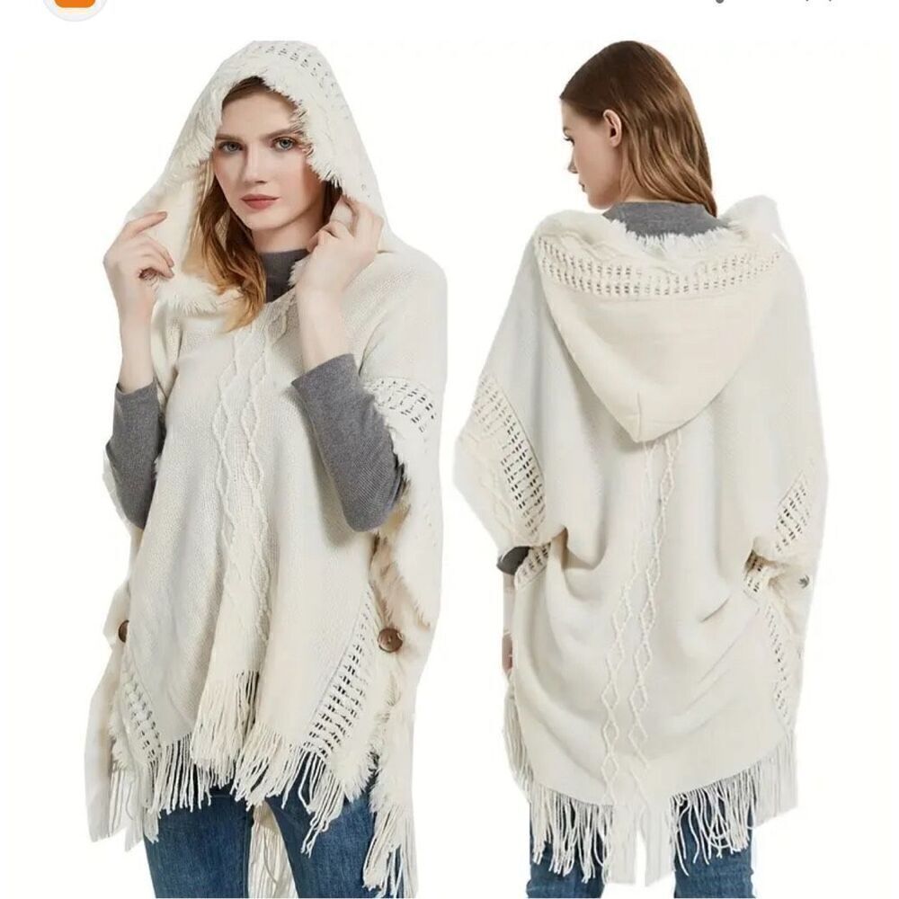 Hooded white knit poncho sweater top shirt s med large xl